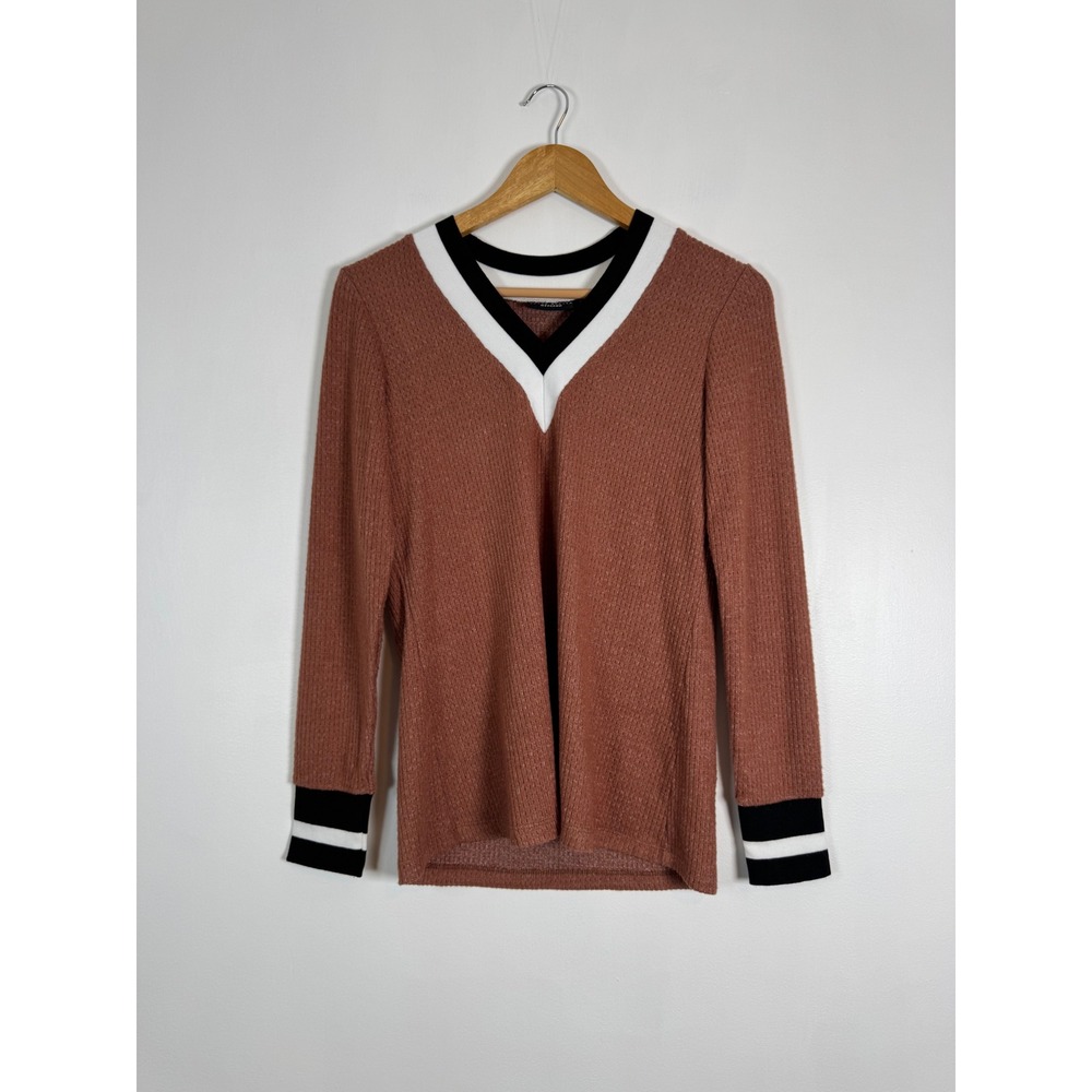 Preppy Susan Graver Weekend Womens XS Top Rust Waffle Knit Striped V-Neck Cuffs